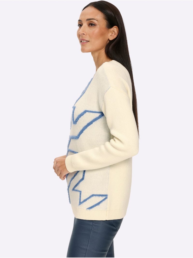 Pull à manches longues fil moelleux à poils longs - taille standard - helline Bleu Ecru - Kiabi