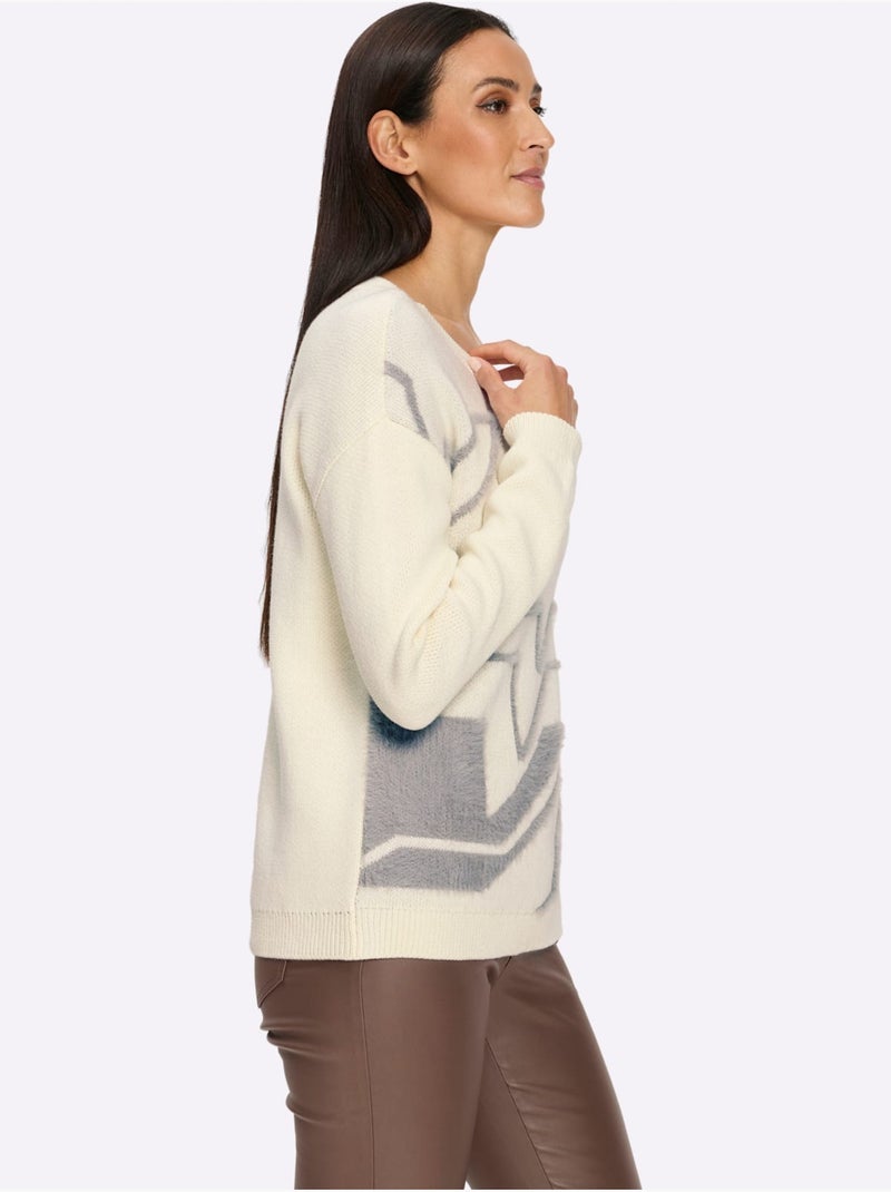 Pull à manches longues fil moelleux à poils longs - taille standard - helline Gris Ecru - Kiabi