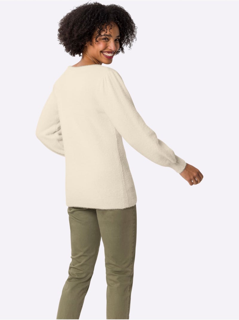 Pull à Manches Longues Fil Moelleux à Poils Longs - Taille Standard - Helline Ivoire - Kiabi