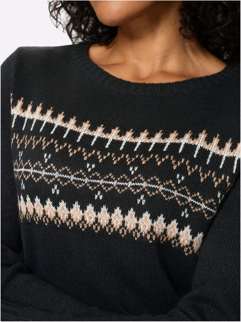 Pull à Manches Longues Finitions Côtelées - Taille Standard - Moda Vilona Noir Beige - Kiabi