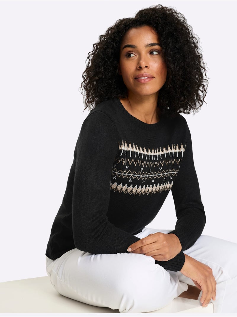 Pull à Manches Longues Finitions Côtelées - Taille Standard - Moda Vilona Noir Beige - Kiabi