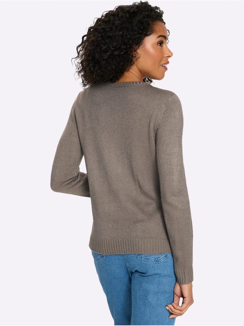 Pull à Manches Longues Finitions Côtelées - Taille Standard - Moda Vilona Taupe - Kiabi