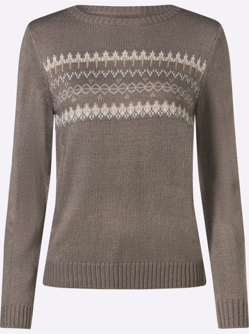 Pull à Manches Longues Finitions Côtelées - Taille Standard - Moda Vilona Taupe - Kiabi