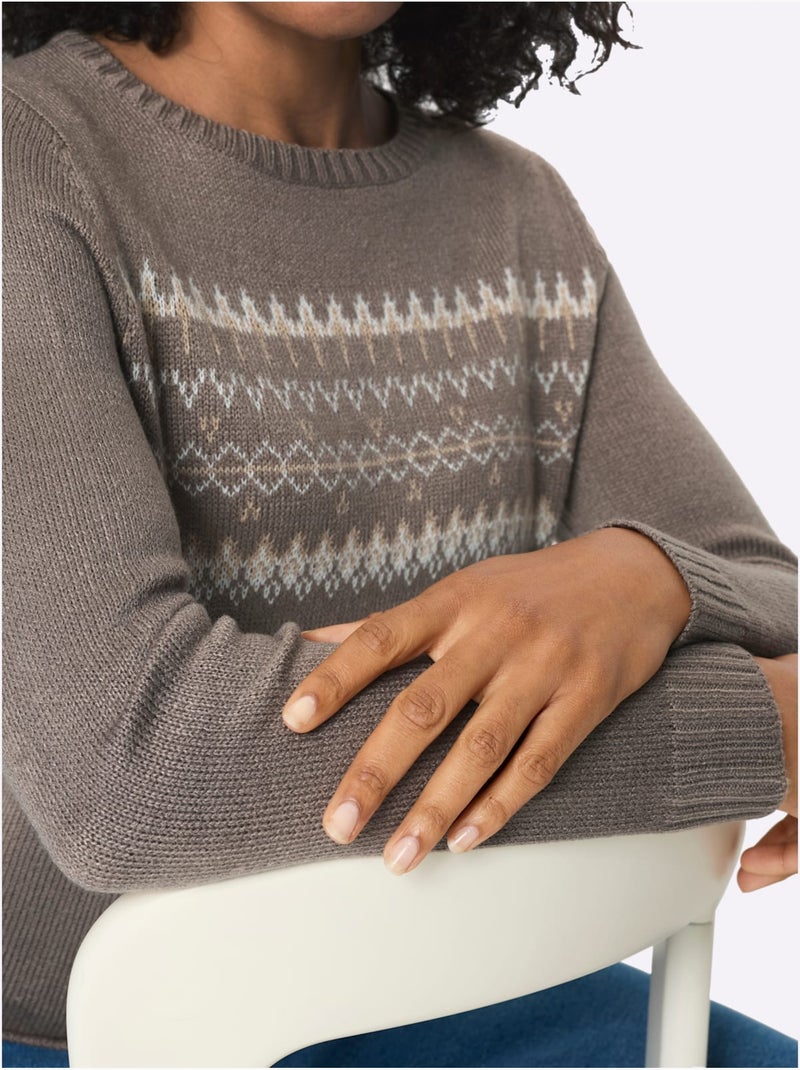 Pull à Manches Longues Finitions Côtelées - Taille Standard - Moda Vilona Taupe - Kiabi