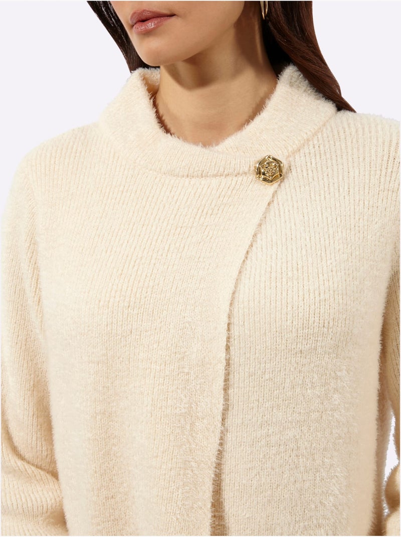 Pull à Manches Longues Forme Affinante - Taille Standard - Helline Ivoire - Kiabi