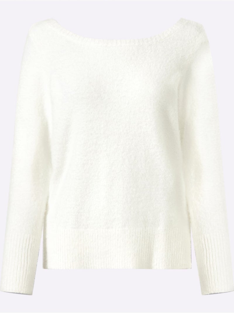 Pull à manches longues grand col v au dos - taille standard - helline Ecru - Kiabi