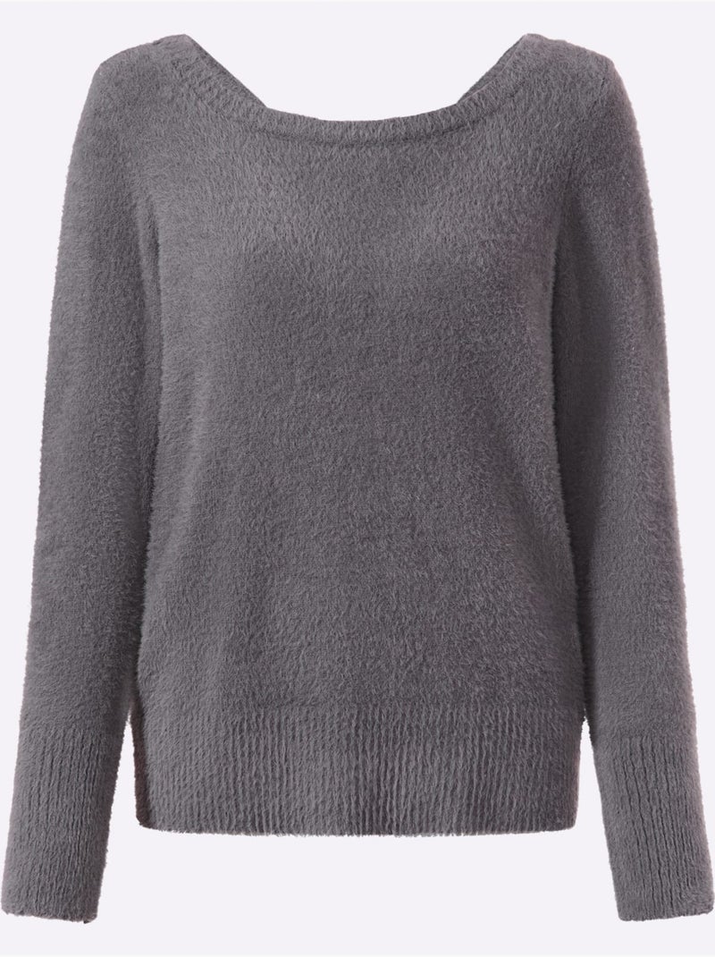 Pull à manches longues grand col v au dos - taille standard - helline gris anthracite - Kiabi