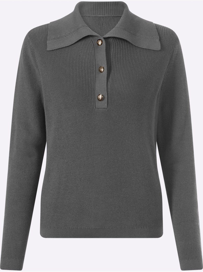 Pull à manches longues large col à revers - taille standard - helline Gris chiné - Kiabi