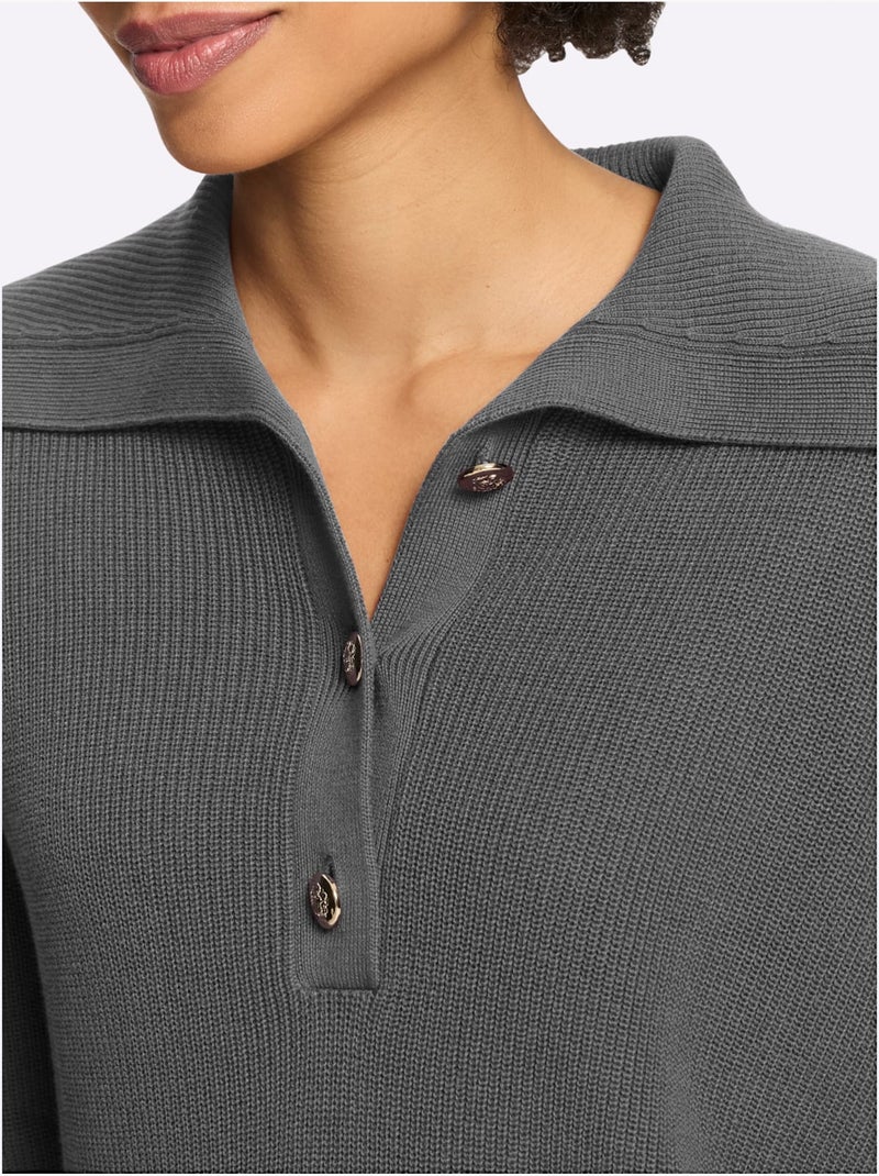 Pull à manches longues large col à revers - taille standard - helline Gris chiné - Kiabi