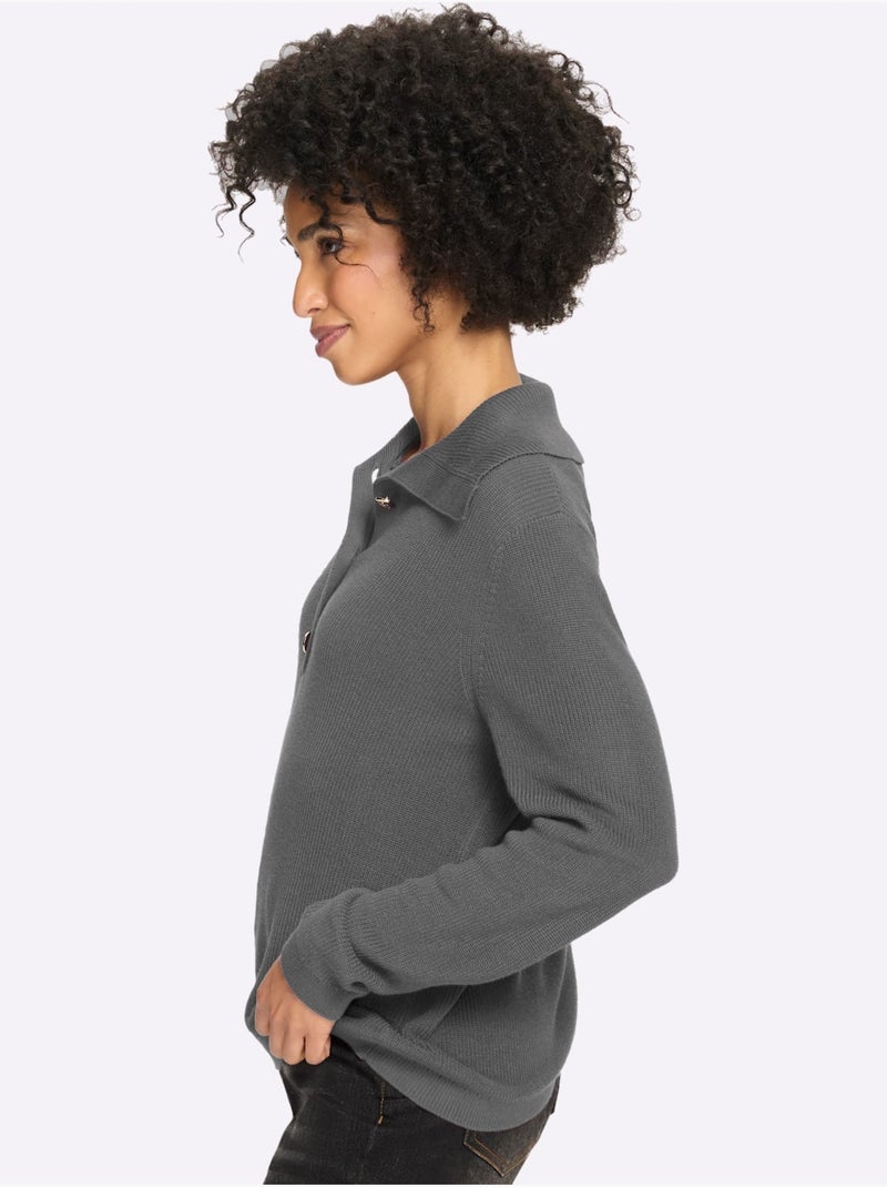 Pull à manches longues large col à revers - taille standard - helline Gris chiné - Kiabi