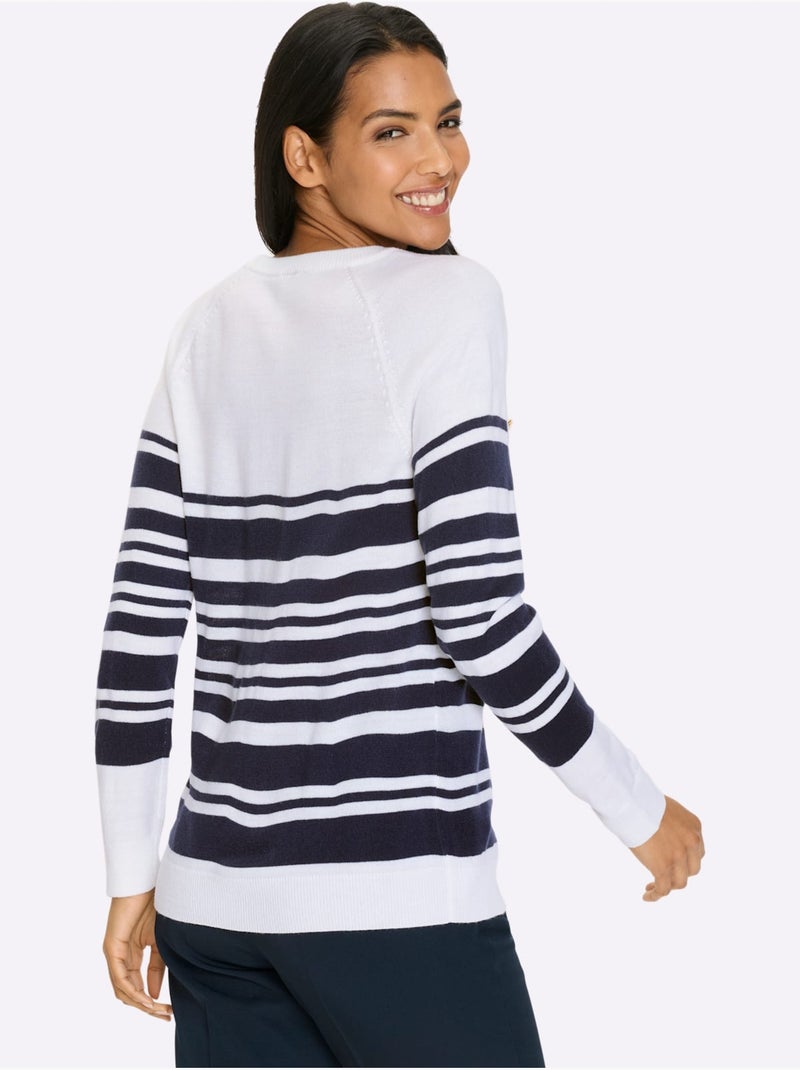Pull à Manches Longues Manches Raglan - Taille Standard - Moda Vilona Blanc Bleu marine - Kiabi