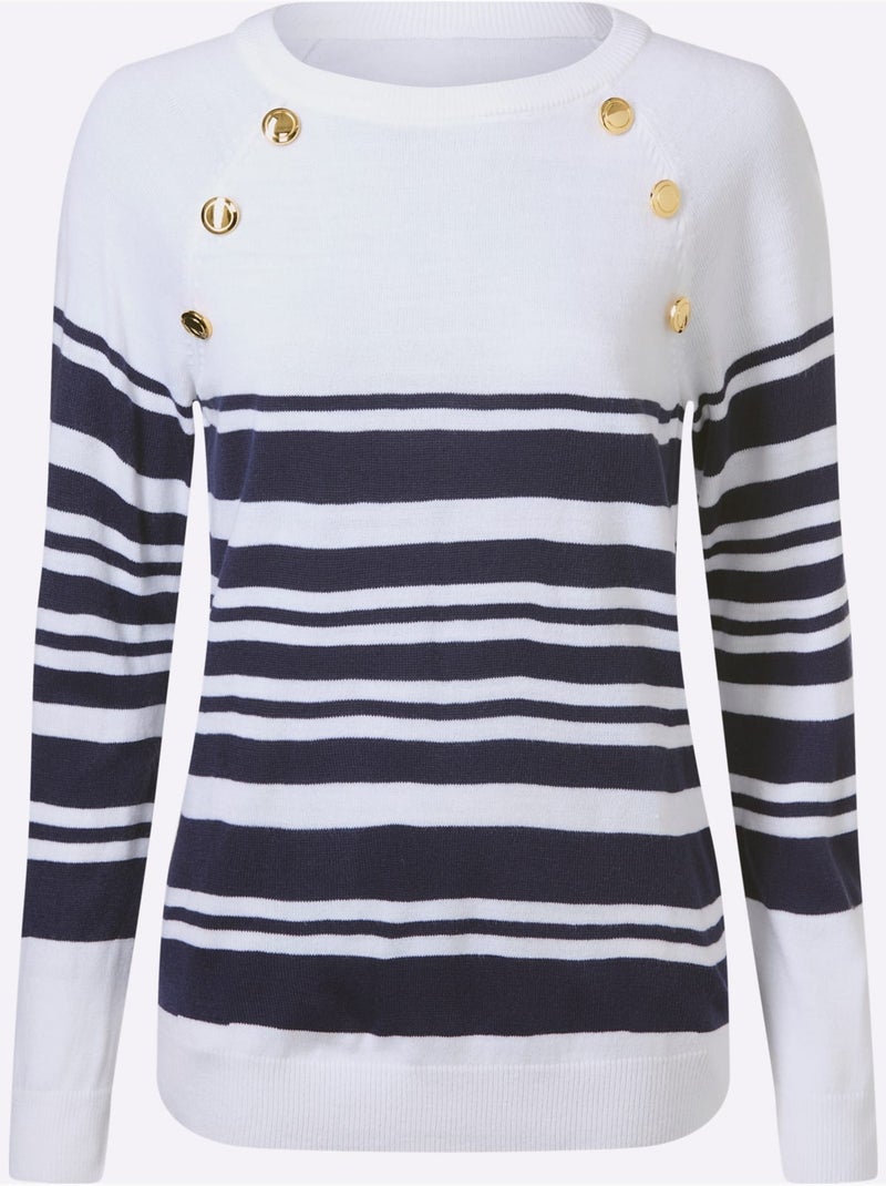 Pull à Manches Longues Manches Raglan - Taille Standard - Moda Vilona Blanc Bleu marine - Kiabi