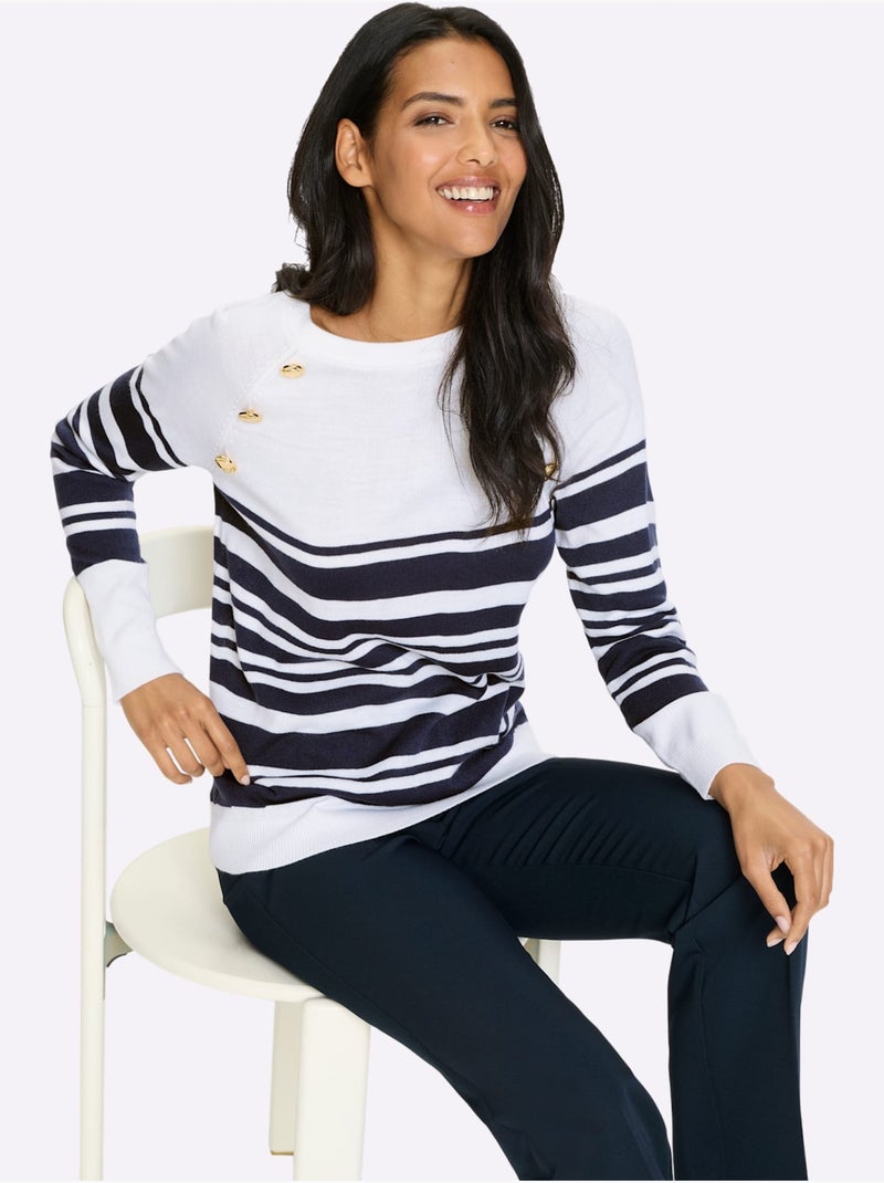 Pull à Manches Longues Manches Raglan - Taille Standard - Moda Vilona Blanc Bleu marine - Kiabi