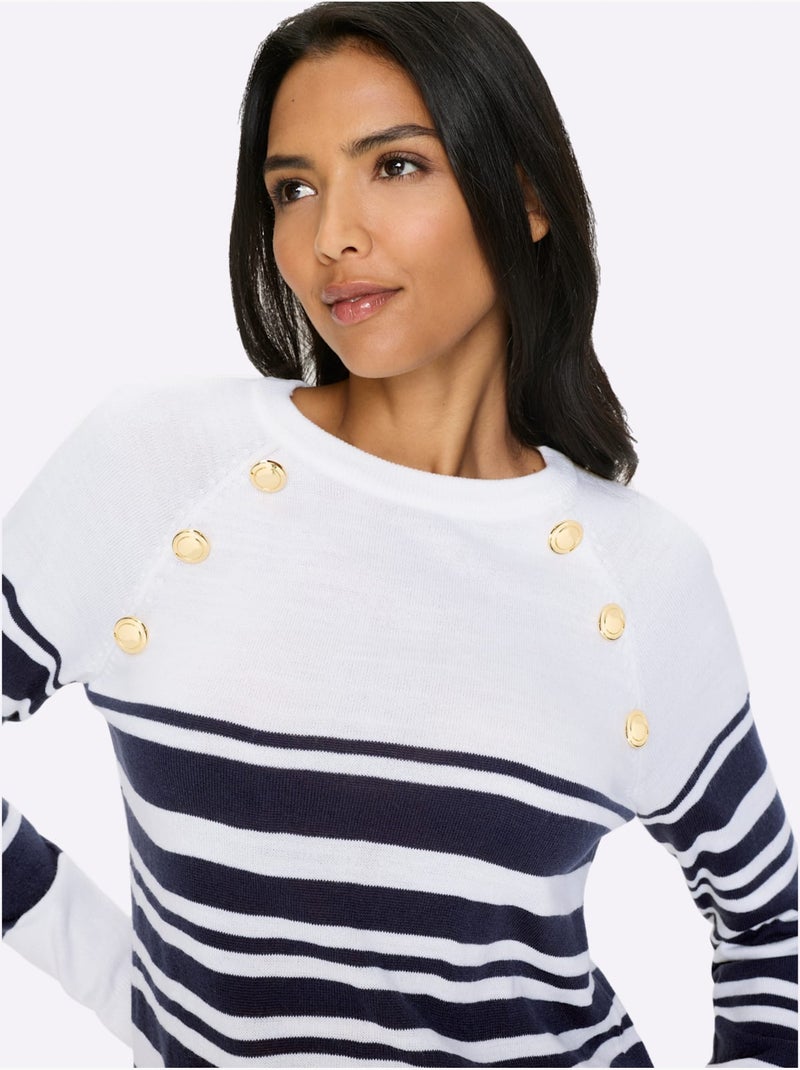 Pull à Manches Longues Manches Raglan - Taille Standard - Moda Vilona Blanc Bleu marine - Kiabi