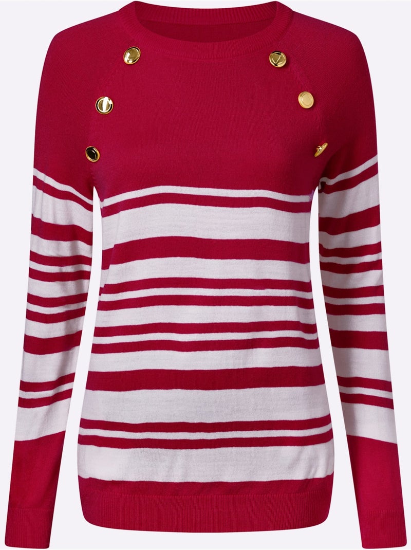 Pull à Manches Longues Manches Raglan - Taille Standard - Moda Vilona Blanc Rouge - Kiabi