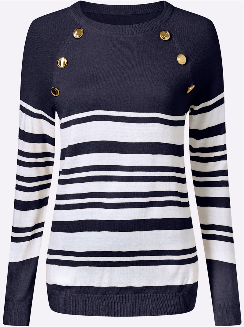 Pull à Manches Longues Manches Raglan - Taille Standard - Moda Vilona Bleu Blanc - Kiabi