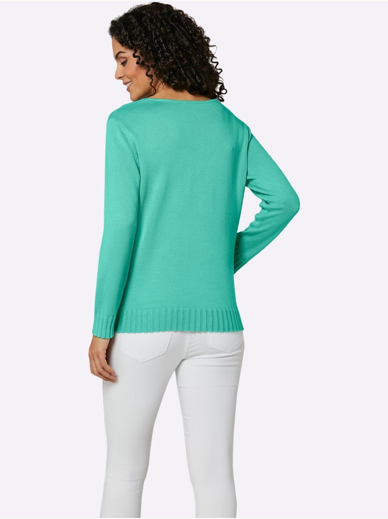 Pull à Manches Longues Mélange Coton Et Lyocell De Qualité - Taille Standard - Helline Bleu Vert - Kiabi