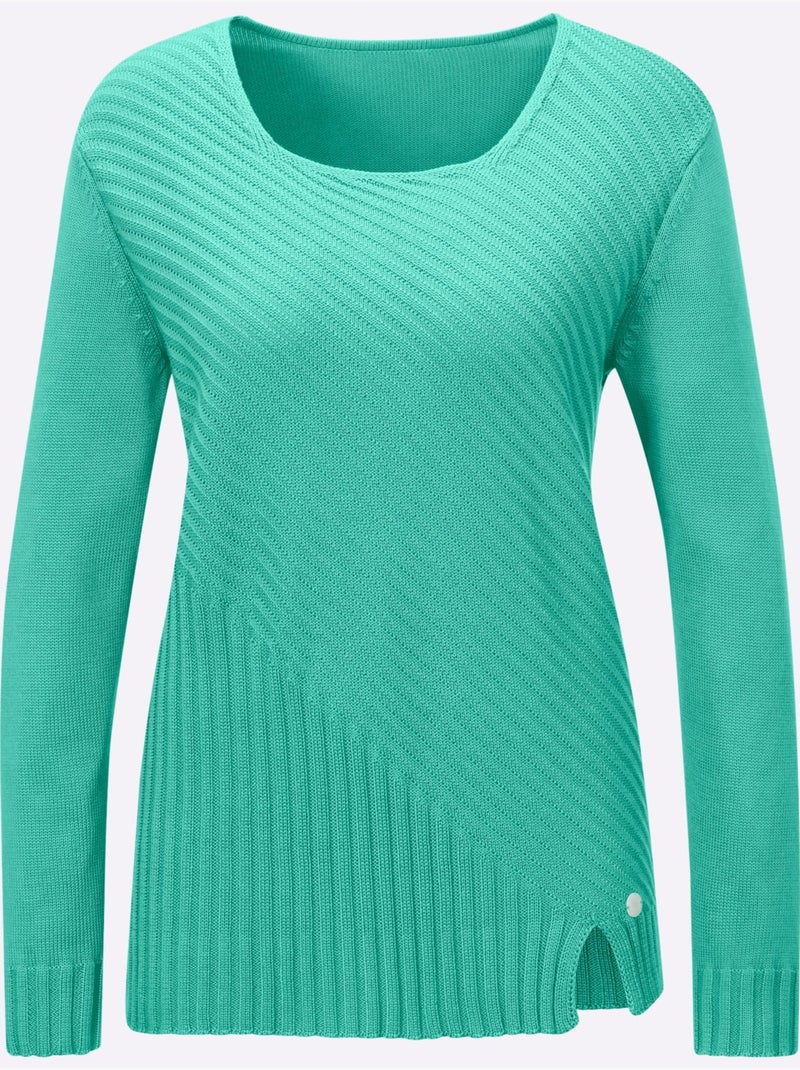 Pull à Manches Longues Mélange Coton Et Lyocell De Qualité - Taille Standard - Helline Bleu Vert - Kiabi