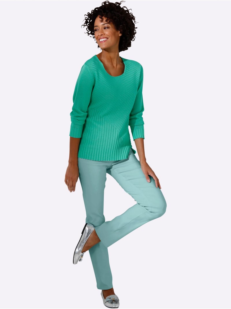 Pull à Manches Longues Mélange Coton Et Lyocell De Qualité - Taille Standard - Helline Bleu Vert - Kiabi