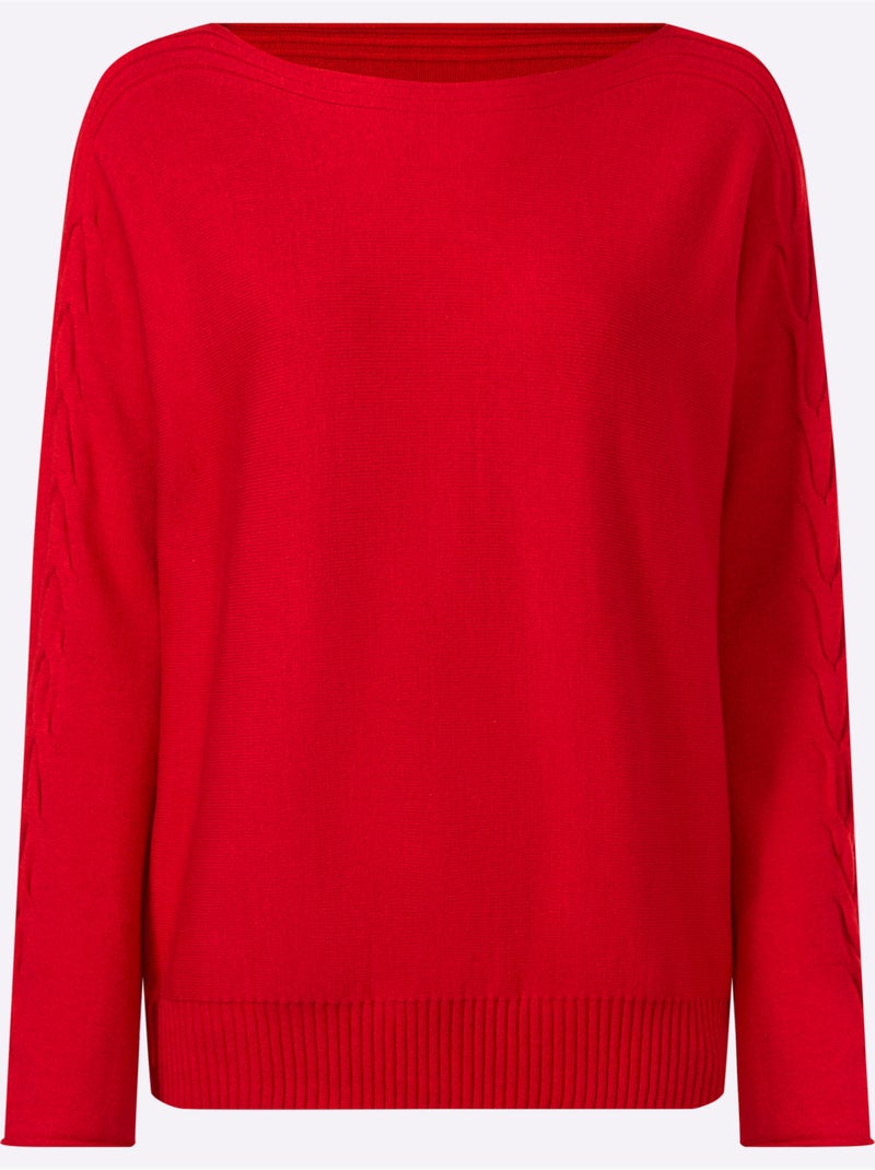 Pull à Manches Longues Motif Torsadé Sur Les Manches - Taille Standard - Helline Rouge - Kiabi