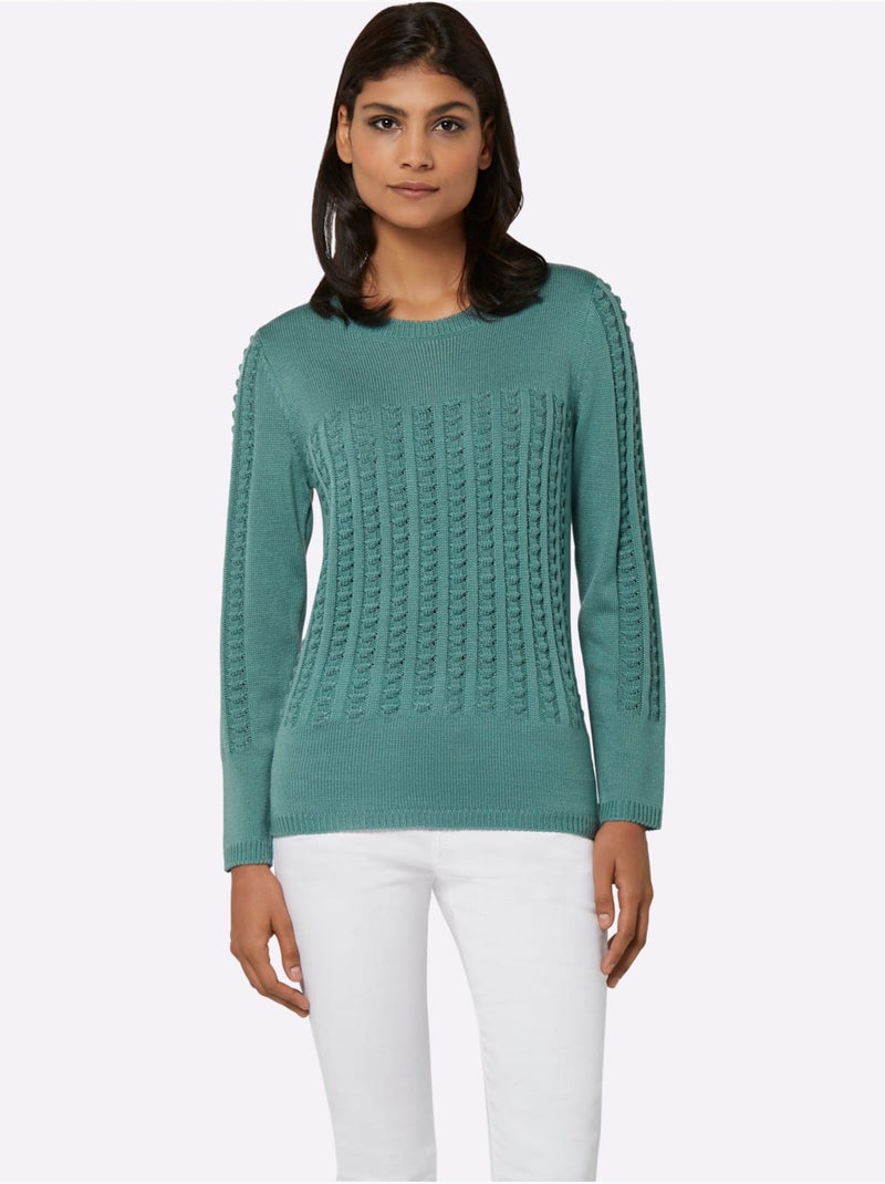 Pull à Manches Longues Motif Tricoté Devant - Taille Standard - Moda Vilona Vert Sauge - Kiabi