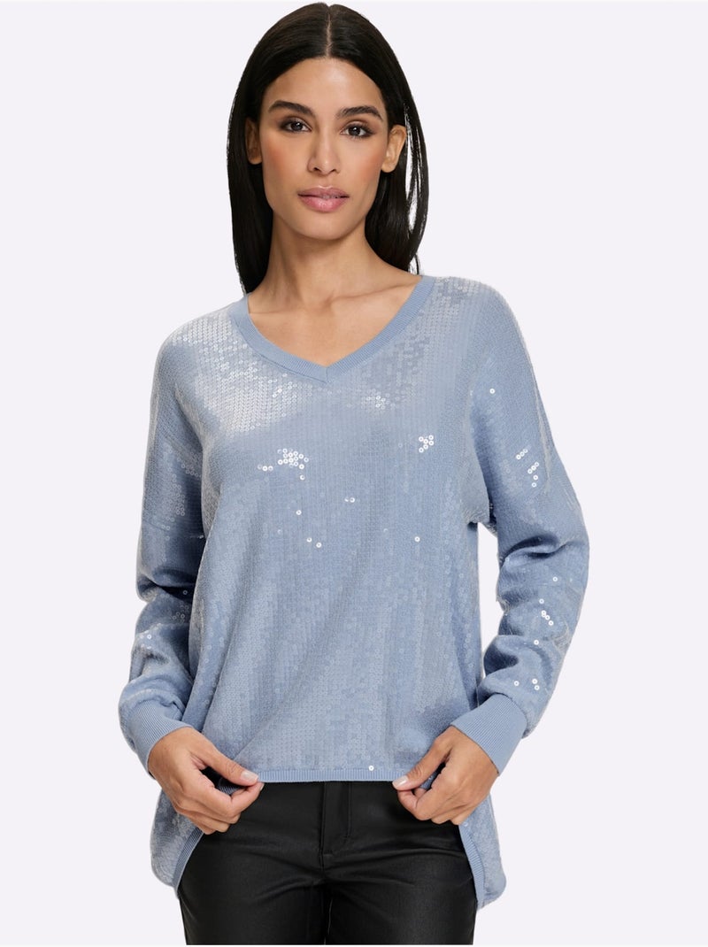 Pull à manches longues orné de paillettes brillantes - taille standard - helline Bleu clair - Kiabi