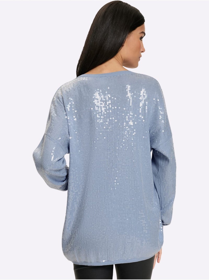 Pull à manches longues orné de paillettes brillantes - taille standard - helline Bleu clair - Kiabi