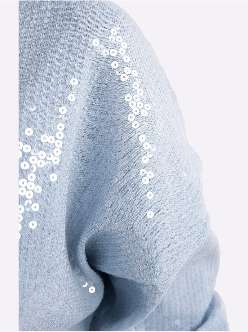 Pull à manches longues orné de paillettes brillantes - taille standard - helline Bleu clair - Kiabi