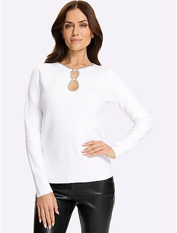 Pull à manches longues petites pierres fantaisie à l'encolure - taille standard - helline
