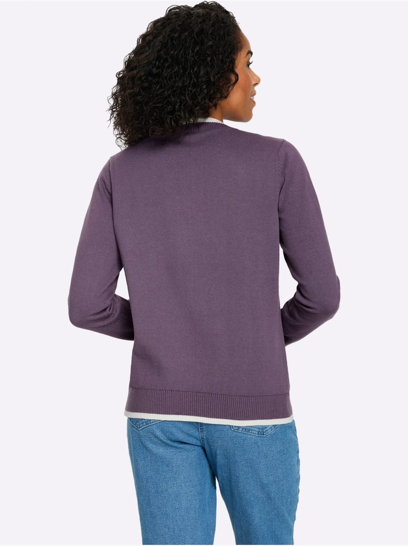 Pull à manches longues pur coton - taille standard - moda vilona Écru/Violet - Kiabi