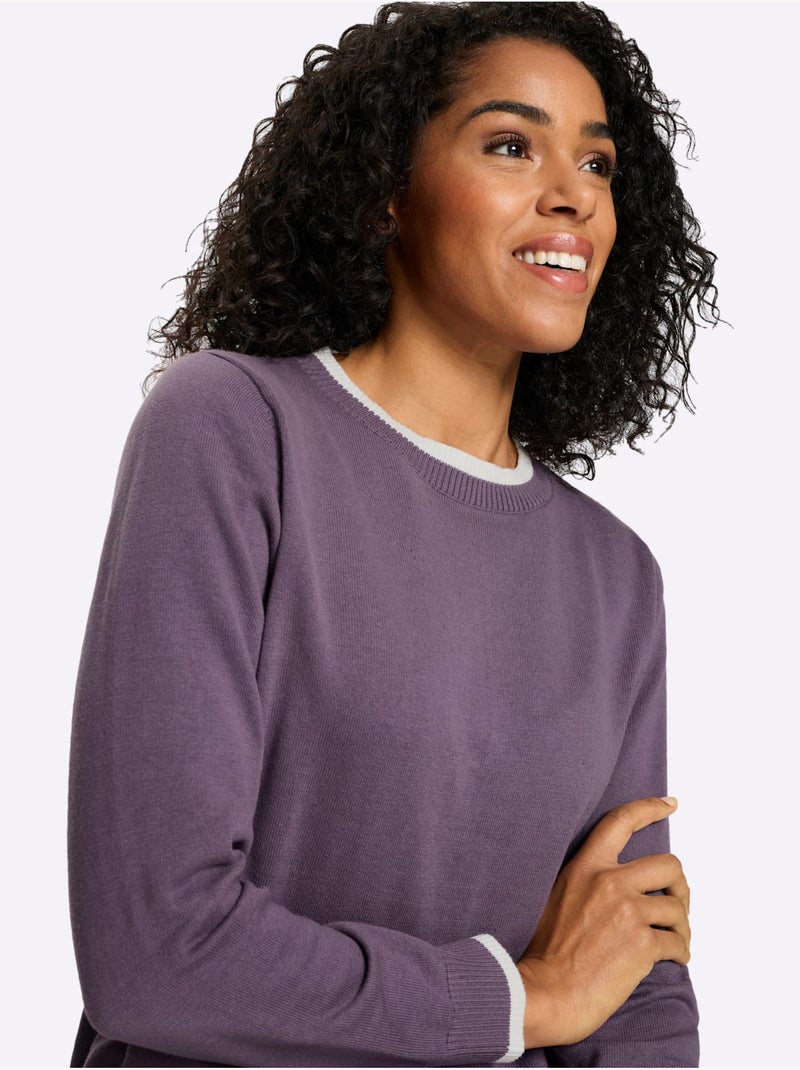 Pull à manches longues pur coton - taille standard - moda vilona Écru/Violet - Kiabi