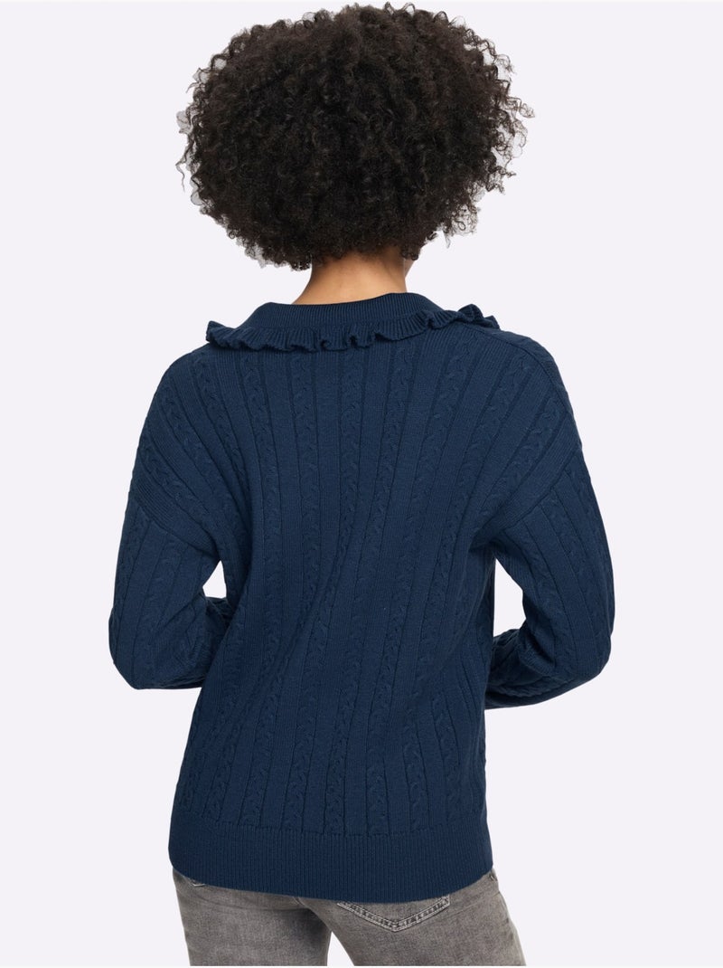Pull à manches longues volants au col - taille standard - helline Bleu foncé - Kiabi