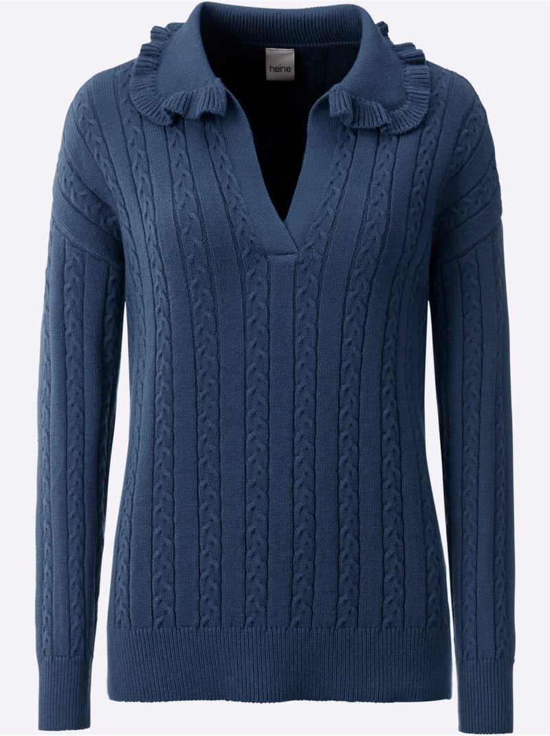 Pull à manches longues volants au col - taille standard - helline Bleu foncé - Kiabi