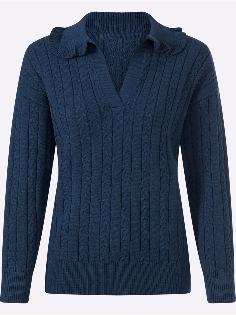 Pull à manches longues volants au col - taille standard - helline Bleu foncé - Kiabi