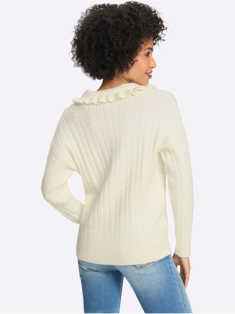 Pull à manches longues volants au col - taille standard - helline Ivoire - Kiabi