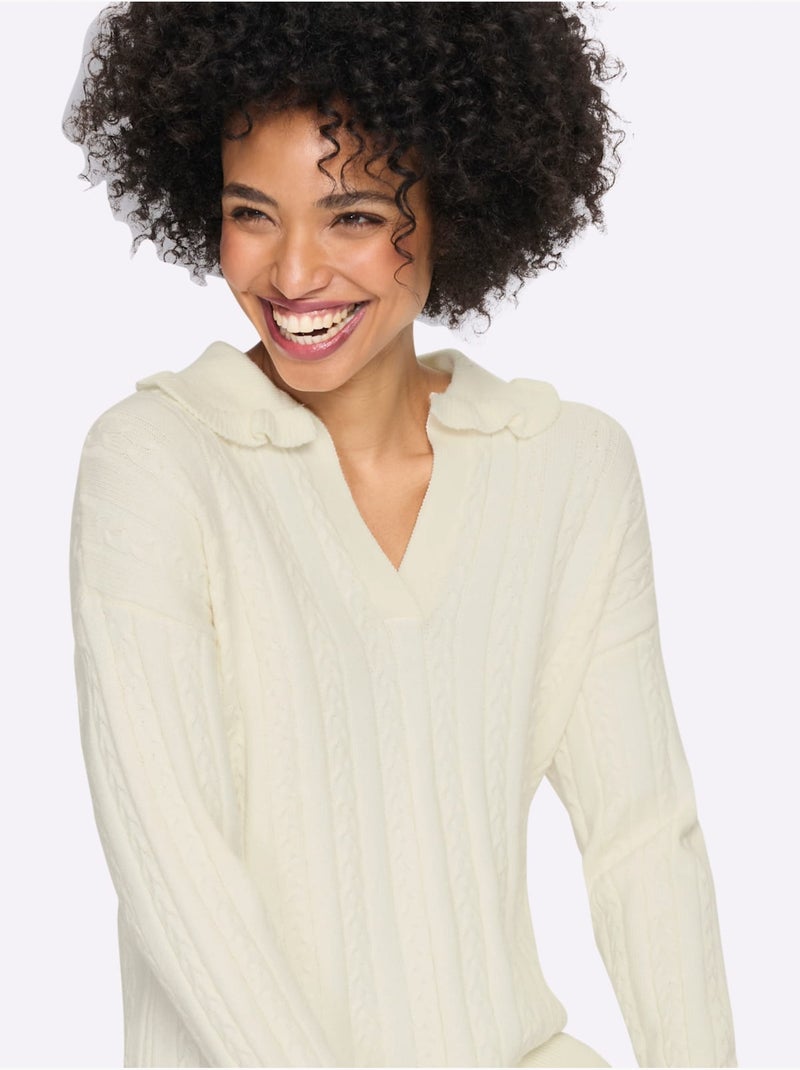 Pull à manches longues volants au col - taille standard - helline Ivoire - Kiabi