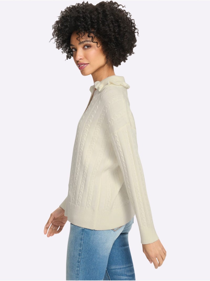Pull à manches longues volants au col - taille standard - helline Ivoire - Kiabi