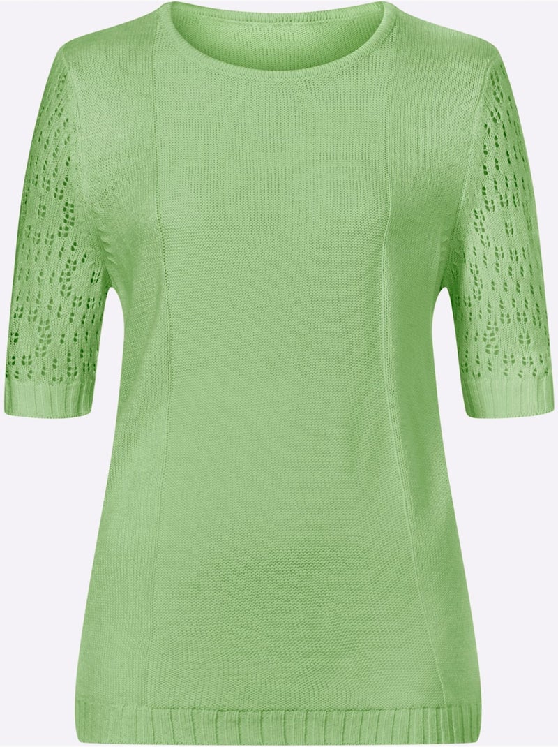 Pull à manches mi-longues avec motif ajouré et encolure ronde - Taille standard - Moda Vilona Gris Vert clair - Kiabi