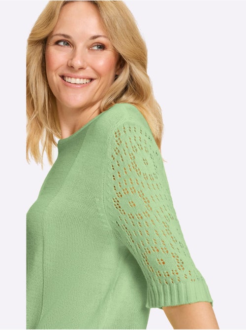 Pull à manches mi-longues avec motif ajouré et encolure ronde - Taille standard - Moda Vilona - Kiabi