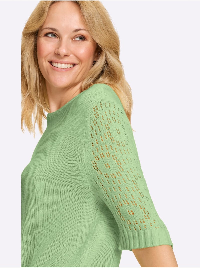 Pull à manches mi-longues avec motif ajouré et encolure ronde - Taille standard - Moda Vilona Gris Vert clair - Kiabi