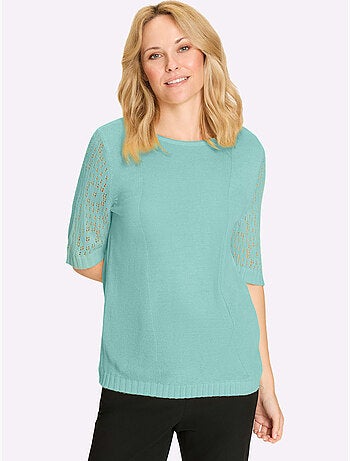Pull à manches mi-longues avec motif ajouré et col rond - Taille standard - Moda Vilona