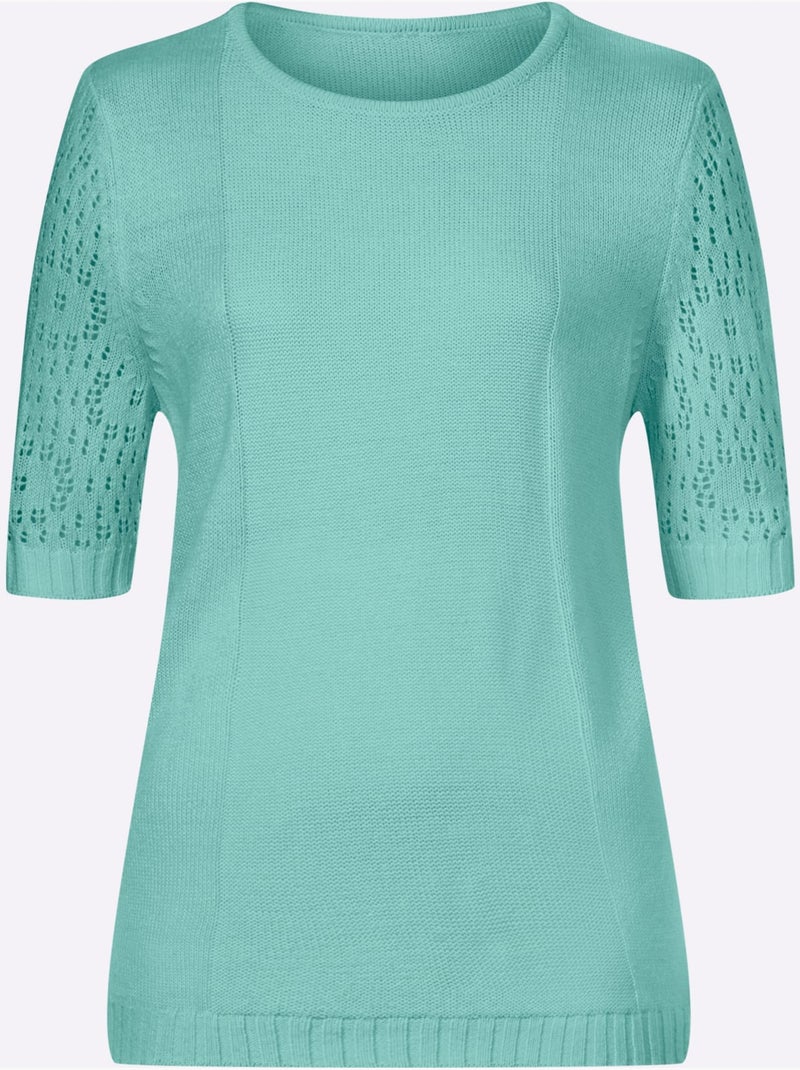Pull à manches mi-longues avec motif ajouré et encolure ronde - Taille standard - Moda Vilona Menthe - Kiabi