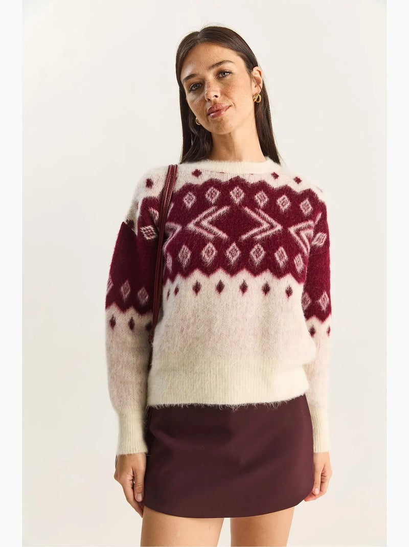 Pull à motif ethnique en maille épaisse et col rond lucci Crème - Kiabi