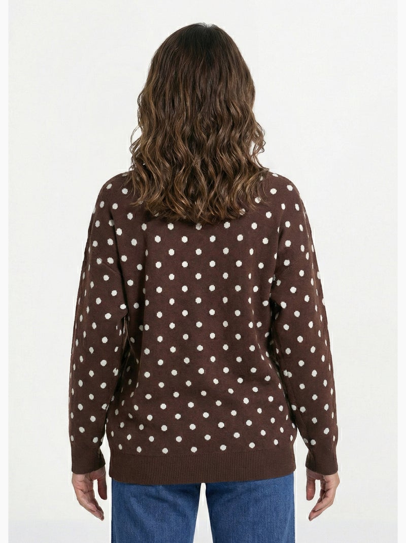 Pull à pois col rond, maille jacquard - AFIBEL Marron chocolat - Kiabi