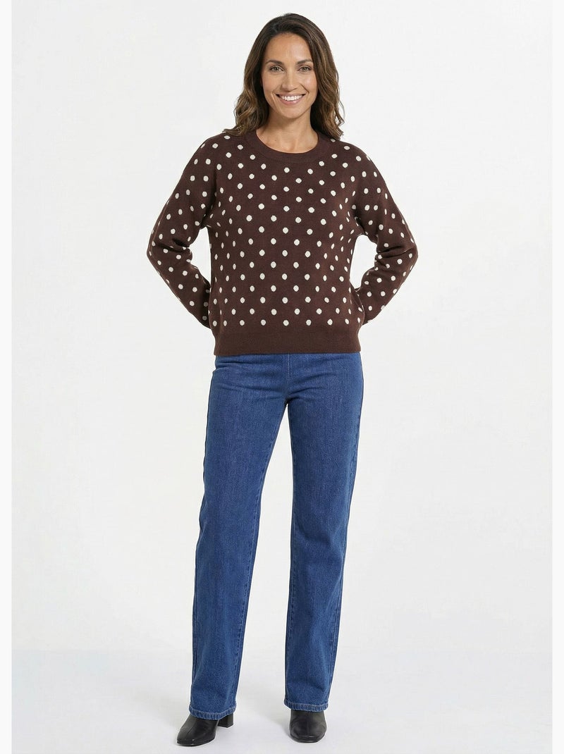 Pull à pois col rond, maille jacquard - AFIBEL Marron chocolat - Kiabi