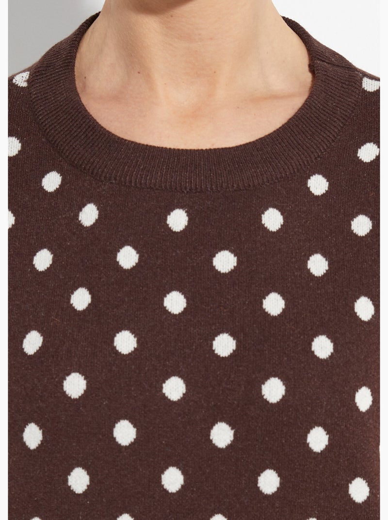 Pull à pois col rond, maille jacquard - AFIBEL Marron chocolat - Kiabi