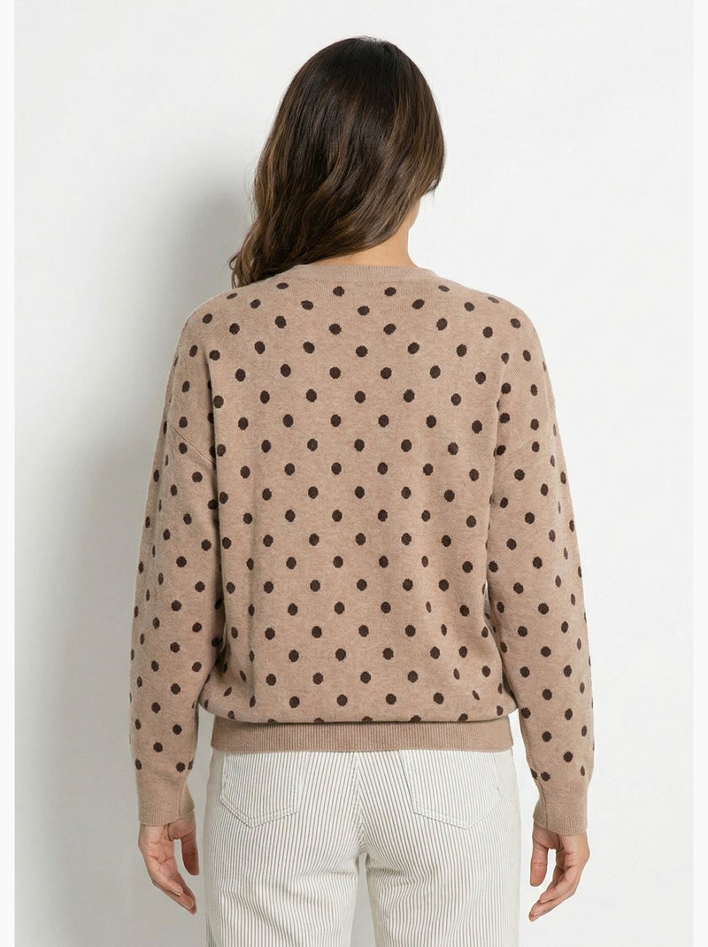 Pull à pois col rond, maille jacquard - AFIBEL Taupe - Kiabi
