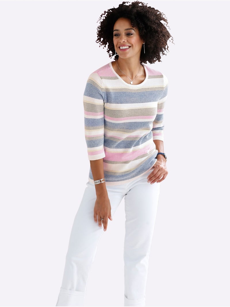 Pull à Rayures 50% Coton - Taille Standard - Moda Vilona Ecru - Kiabi