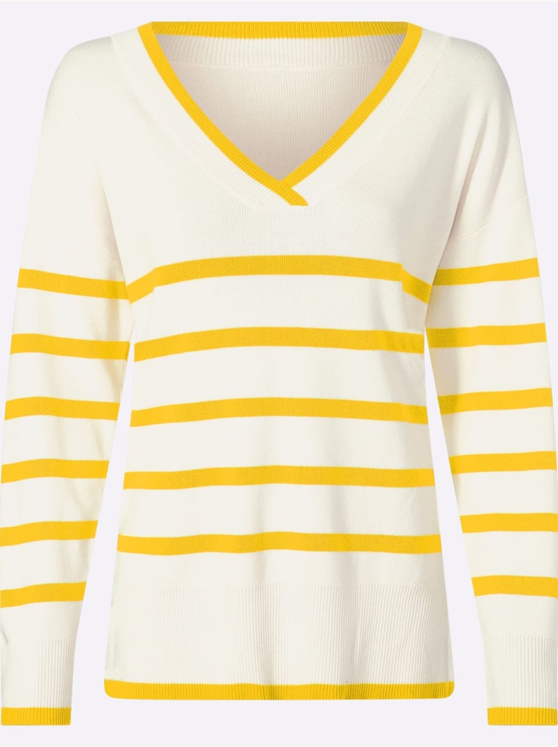 Pull à Rayures 70% Viscose - Taille Standard - Helline Blanc Jaune - Kiabi