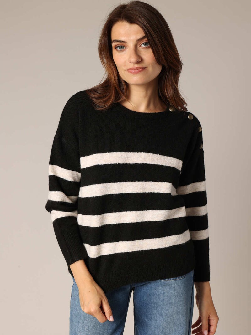 Pull à rayures avec boutons décoratifs
 'Deeluxe' Noir - Kiabi